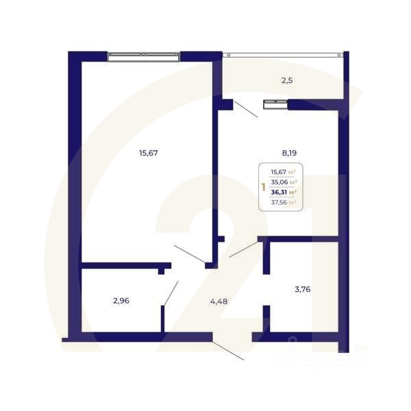 1-комн. квартира, 36,31 м²в ЖК «Паруса»