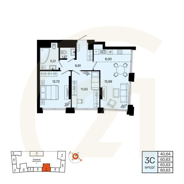 3-комн. квартира, 60,63 м²в ЖК «Первый остров»