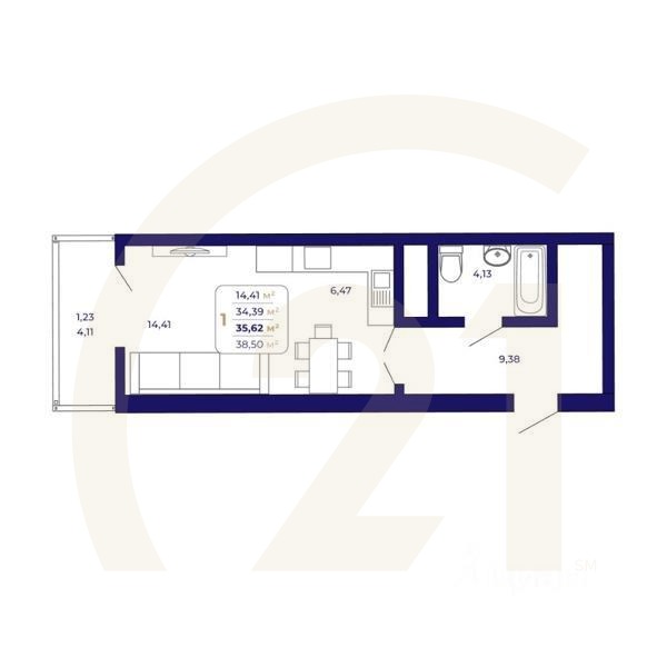 1-комн. квартира, 35,62 м²в ЖК «Паруса»