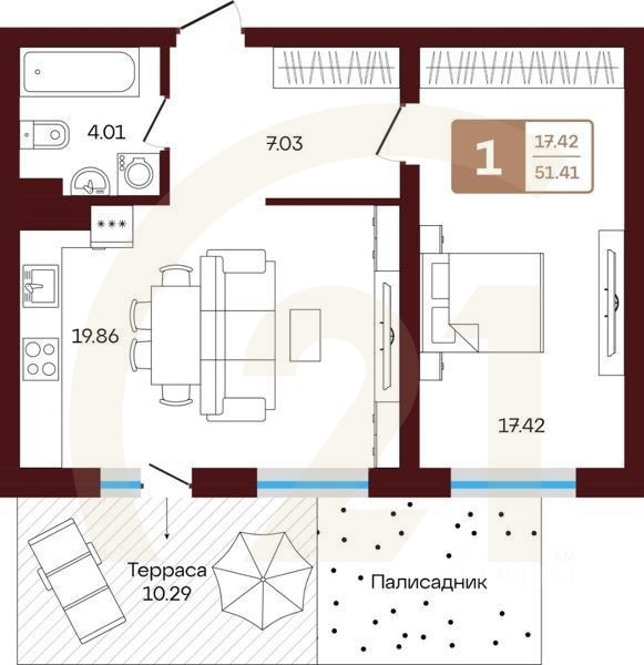 1-комн, 52,03 м²в ЖК «ЯРАТАУ»