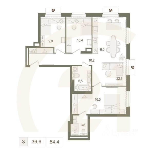 3-комн. квартира, 84,4 м²в ЖК «Квартал «Родина Парк»