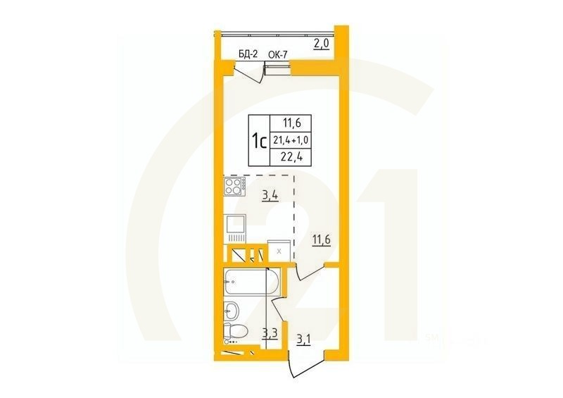 1-комн. квартира, 22,3 м²