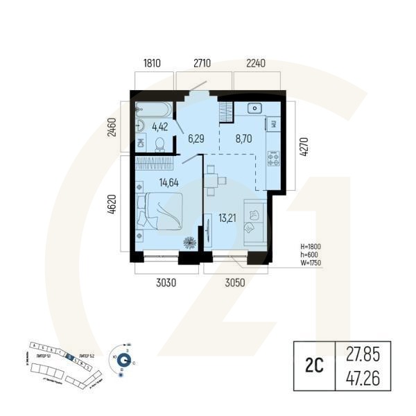 2-комн. квартира, 47,26 м²в ЖК «Новатор»