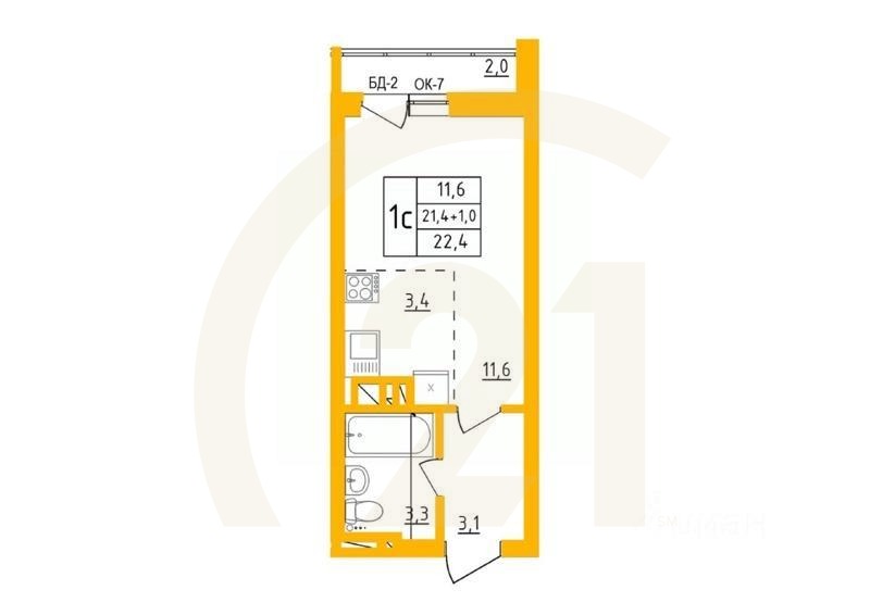 1-комн, 22,2 м²