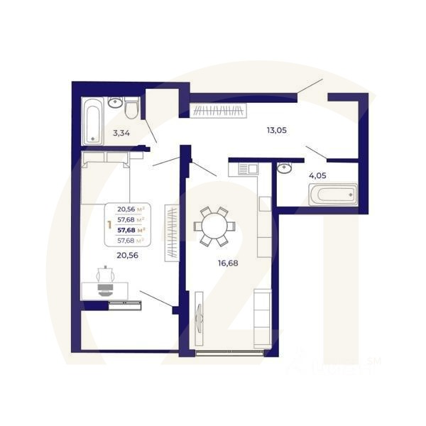 1-комн. квартира, 57,68 м²в ЖК «Паруса»