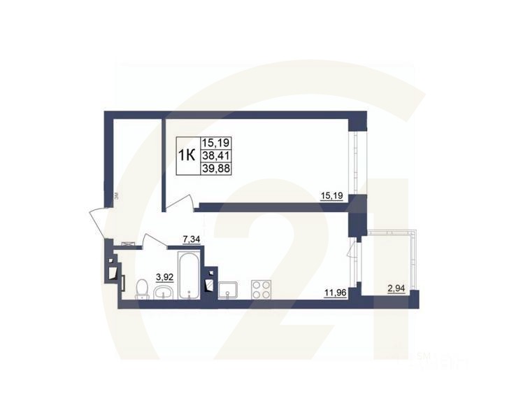 1-комн. квартира, 39,88 м²в ЖК «Космос»
