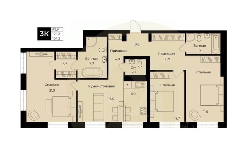 1-комн. квартира, 104,2 м²в ЖК «Ленинские высотки»