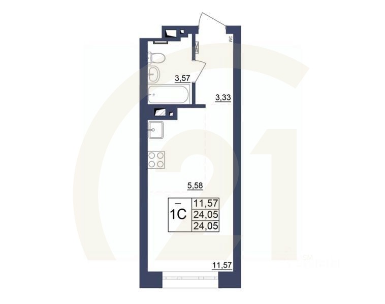 1-комн, 23,87 м²в ЖК «Космос»