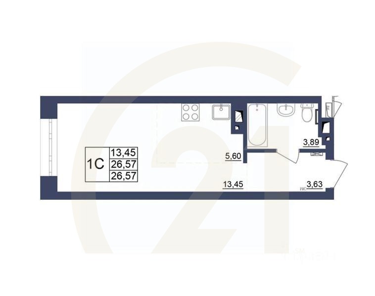 1-комн, 26,39 м²в ЖК «Космос»