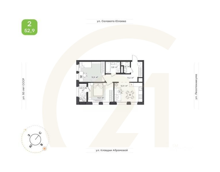 2-комн. квартира, 52,9 м²в ЖК «Бионика Парк»