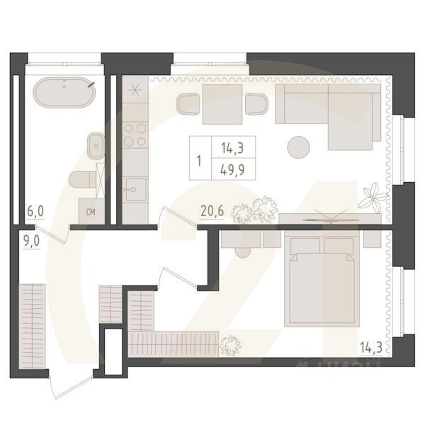 1-комн. квартира, 49,9 м²в ЖК «Новый Империал»