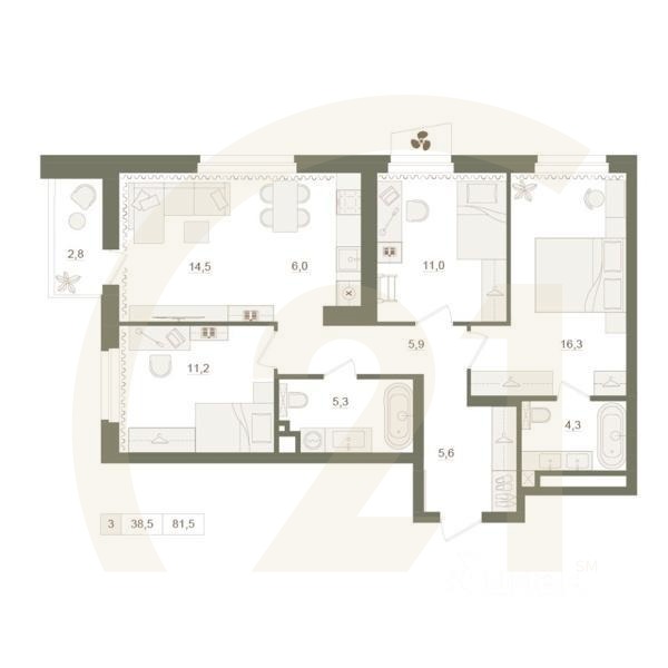 3-комн. квартира, 81,5 м²в ЖК «Квартал «Родина Парк»