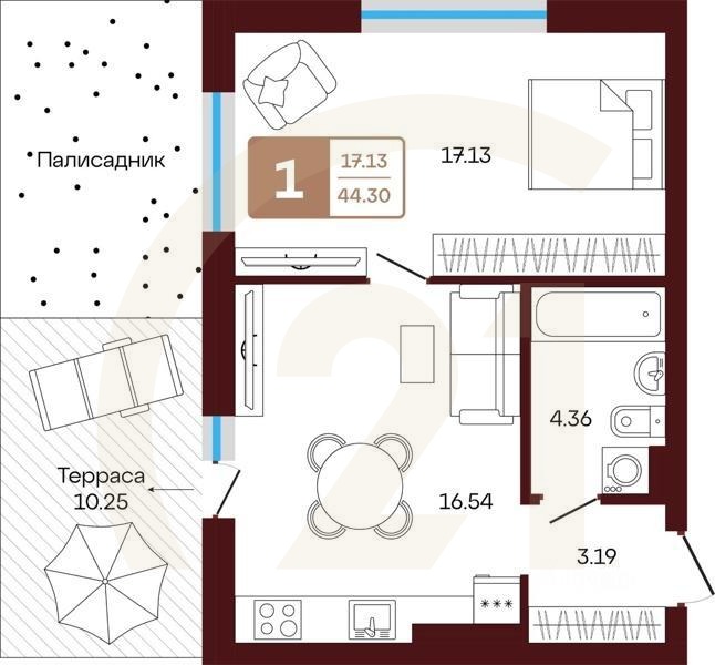 1-комн, 44,3 м²в ЖК «ЯРАТАУ»