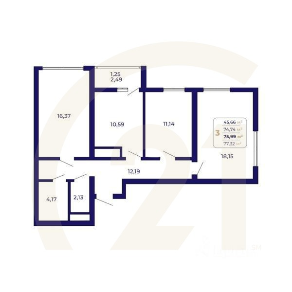 3-комн. квартира, 75,99 м²в ЖК «Паруса»
