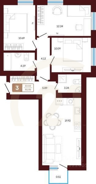 3-комн. квартира, 70,78 м²в ЖК «ЯРАТАУ»