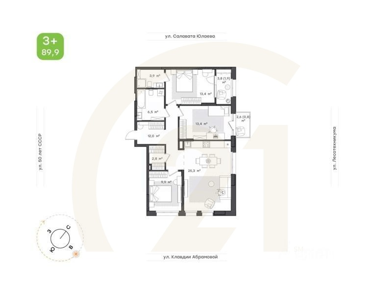 3-комн. квартира, 89,9 м²в ЖК «Бионика Парк»