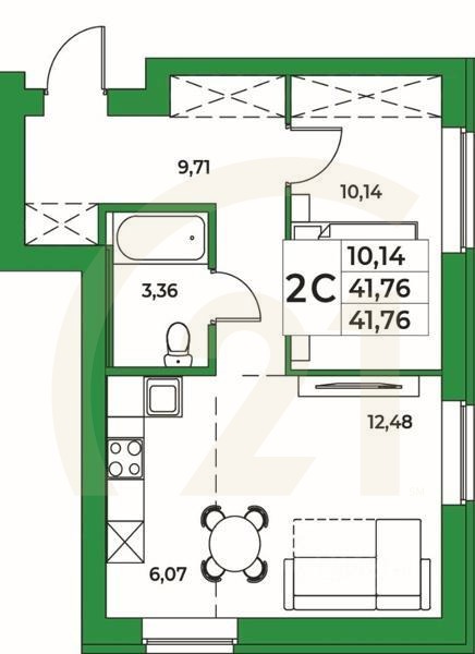 2-комн, 41,76 м²