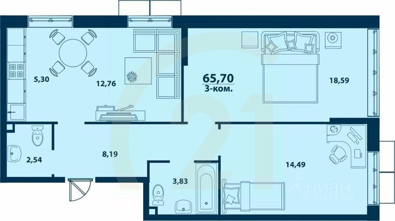 3-комн. квартира, 65,7 м²в ЖК «Город природы»