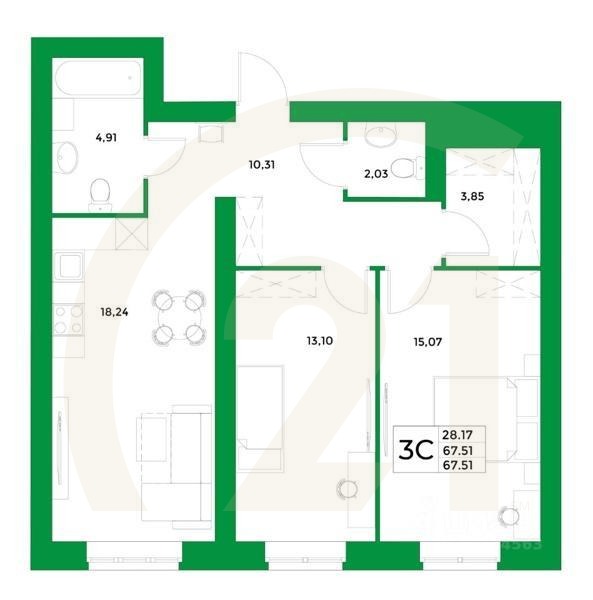 3-комн, 67,51 м²