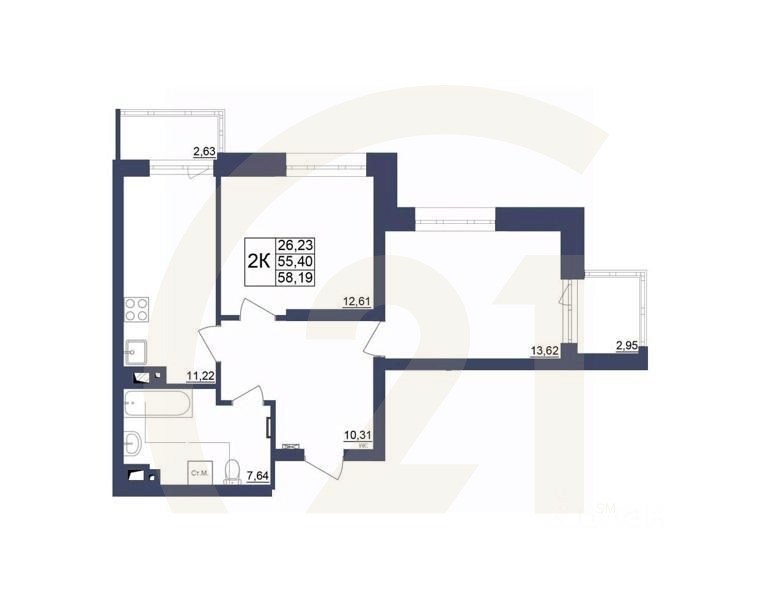 2-комн. квартира, 58,19 м²