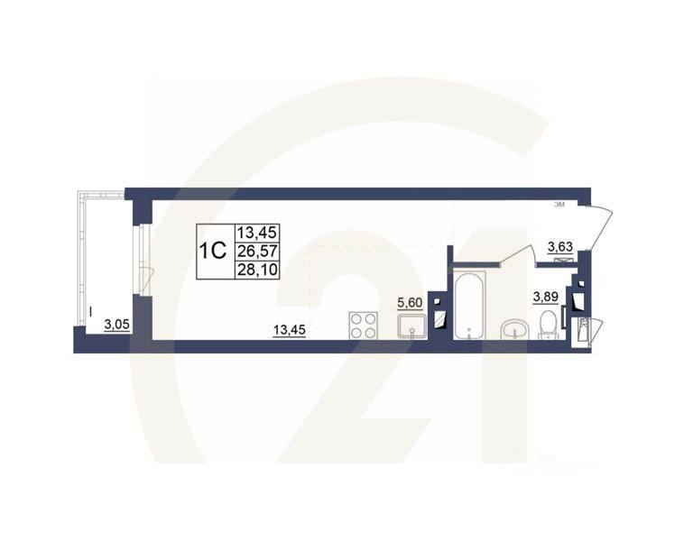 1-комн, 28,1 м²в ЖК «Космос»