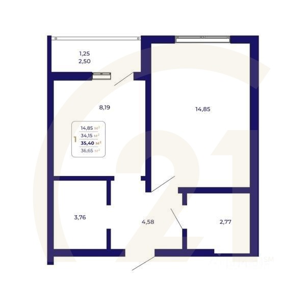 1-комн. квартира, 35,4 м²в ЖК «Паруса»