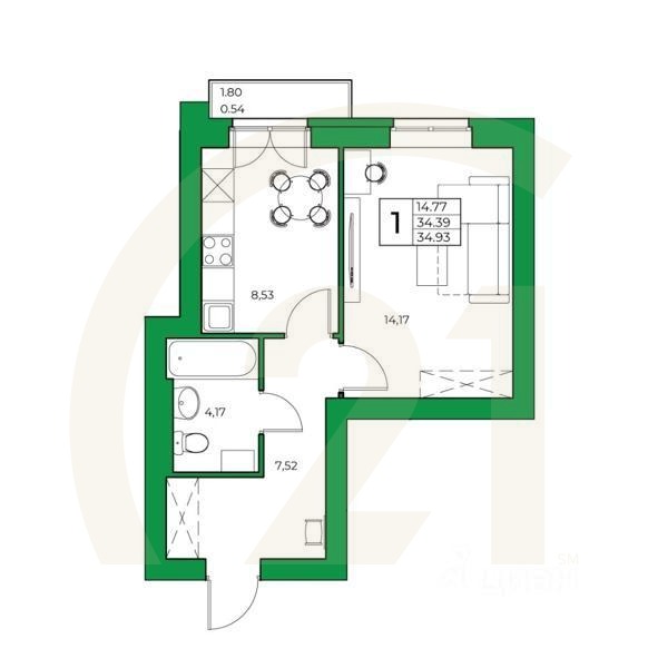 1-комн. квартира, 34,93 м²