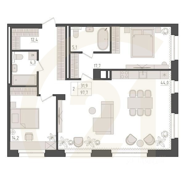 2-комн. квартира, 97,7 м²в ЖК «Новый Империал»