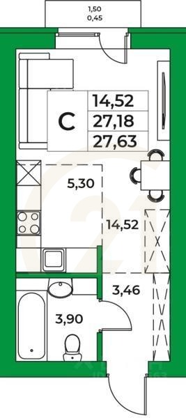 Студия, 27,63 м²