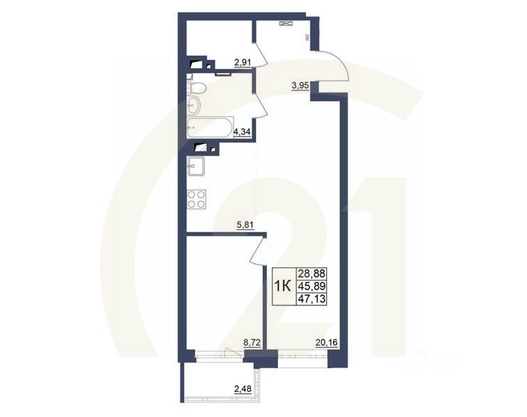 1-комн. квартира, 47,13 м²в ЖК «Космос»