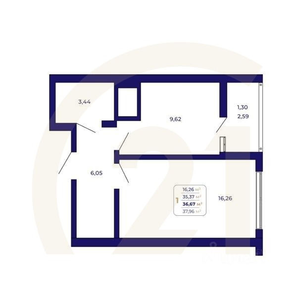 1-комн. квартира, 36,67 м²в ЖК «Паруса»