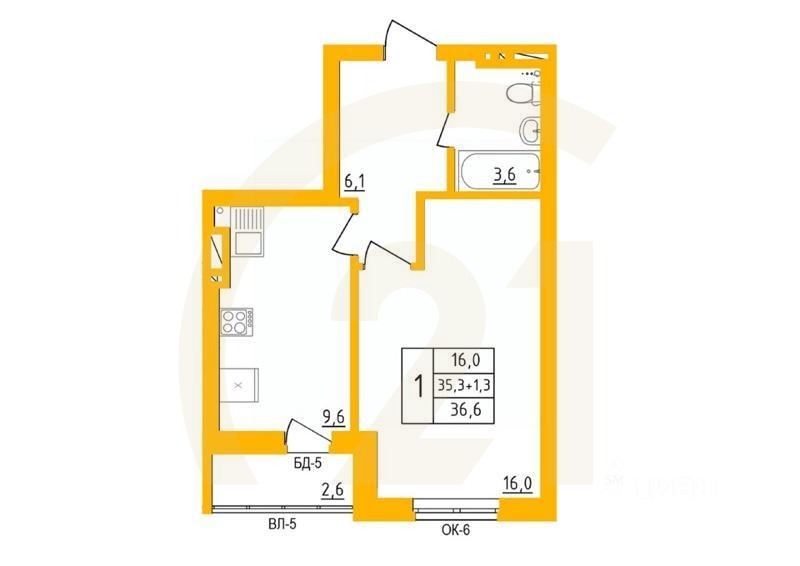 1-комн. квартира, 36,6 м²