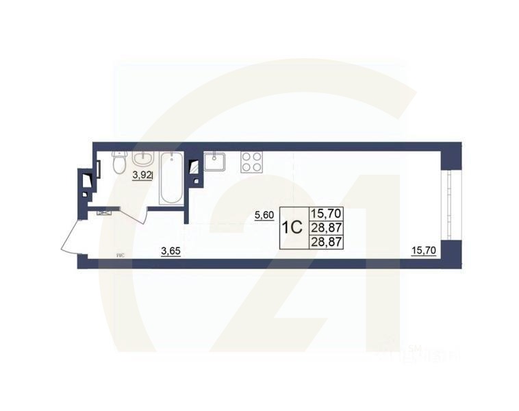 1-комн, 28,87 м²в ЖК «Космос»