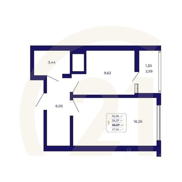 1-комн. квартира, 36,67 м²в ЖК «Паруса»