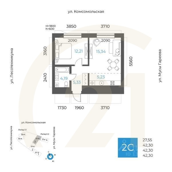 2-комн. квартира, 42,3 м²в ЖК «8 NEBO»