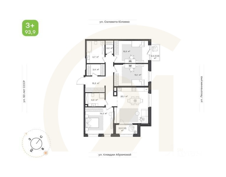 3-комн. квартира, 93,9 м²в ЖК «Бионика Парк»