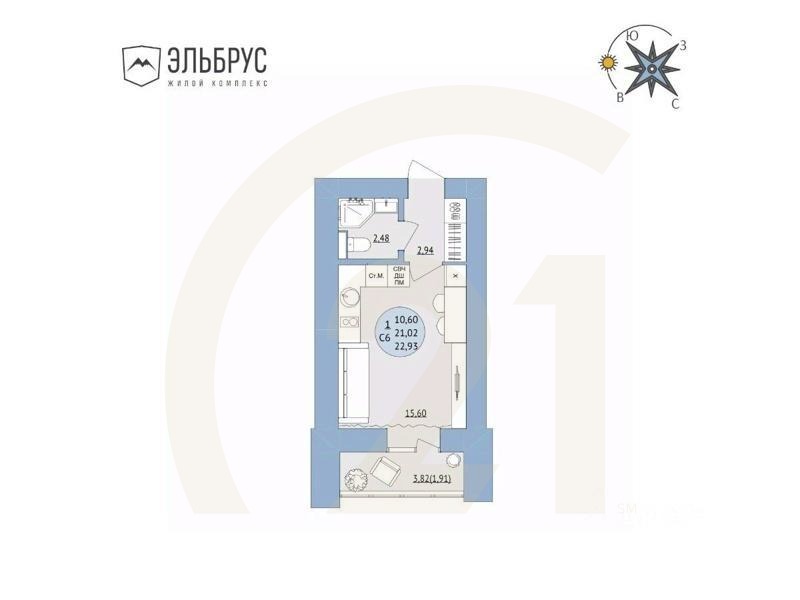 1-комн, 22,93 м²в ЖК «Эльбрус»