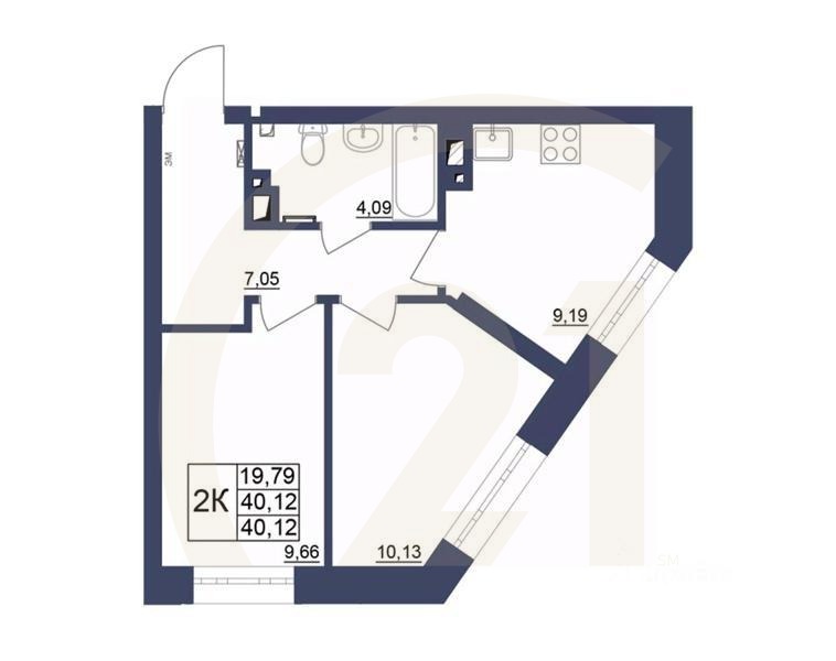 2-комн. квартира, 40,12 м²в ЖК «Космос»