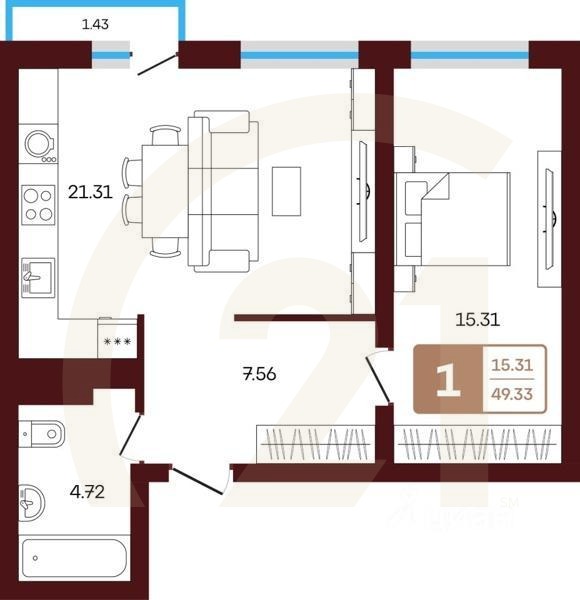 1-комн, 47,09 м²в ЖК «ЯРАТАУ»