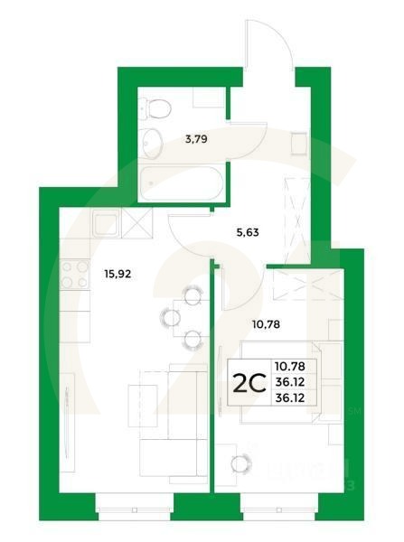 2-комн, 36,12 м²