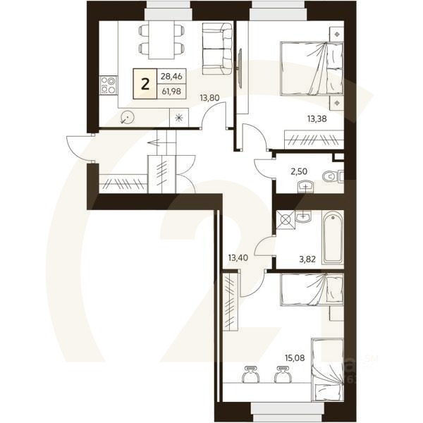 2-комн. квартира, 66,77 м²в ЖК «MATUR»