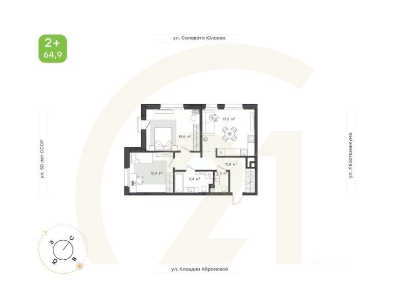 2-комн. квартира, 64,9 м²в ЖК «Бионика Парк»