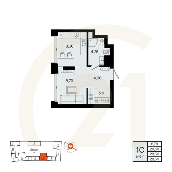 1-комн. квартира, 28,5 м²в ЖК «Первый остров»
