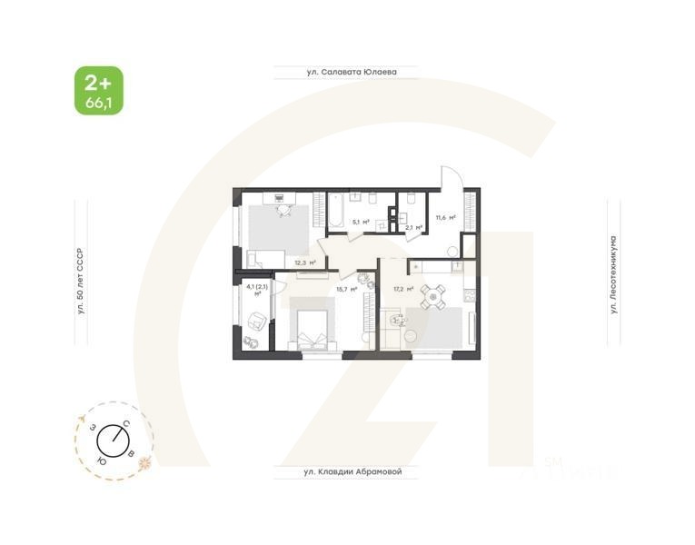 2-комн. квартира, 66,1 м²в ЖК «Бионика Парк»