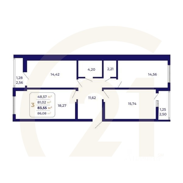 3-комн. квартира, 83,55 м²