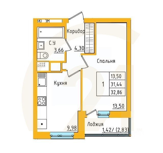 1-комн. квартира, 32,73 м²