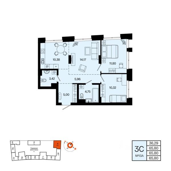 3-комн. квартира, 65,8 м²в ЖК «Первый остров»