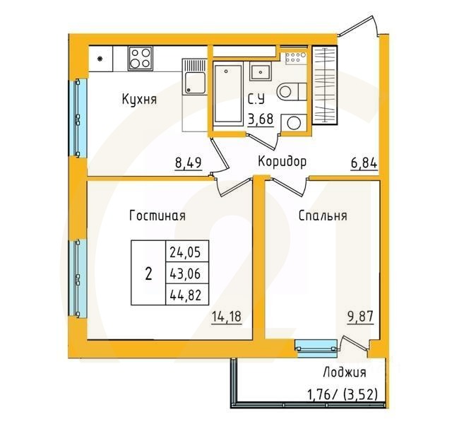 2-комн. квартира, 44,83 м²