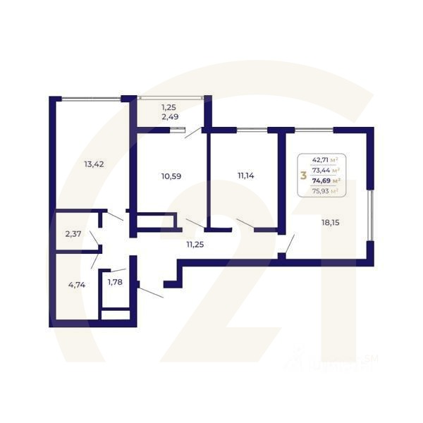 3-комн. квартира, 74,69 м²в ЖК «Паруса»