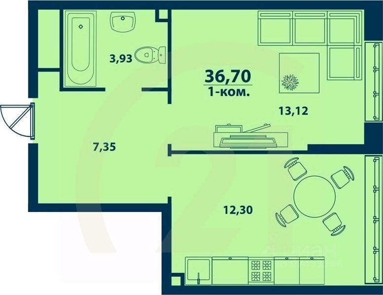1-комн. квартира, 36,7 м²в ЖК «Город природы»
